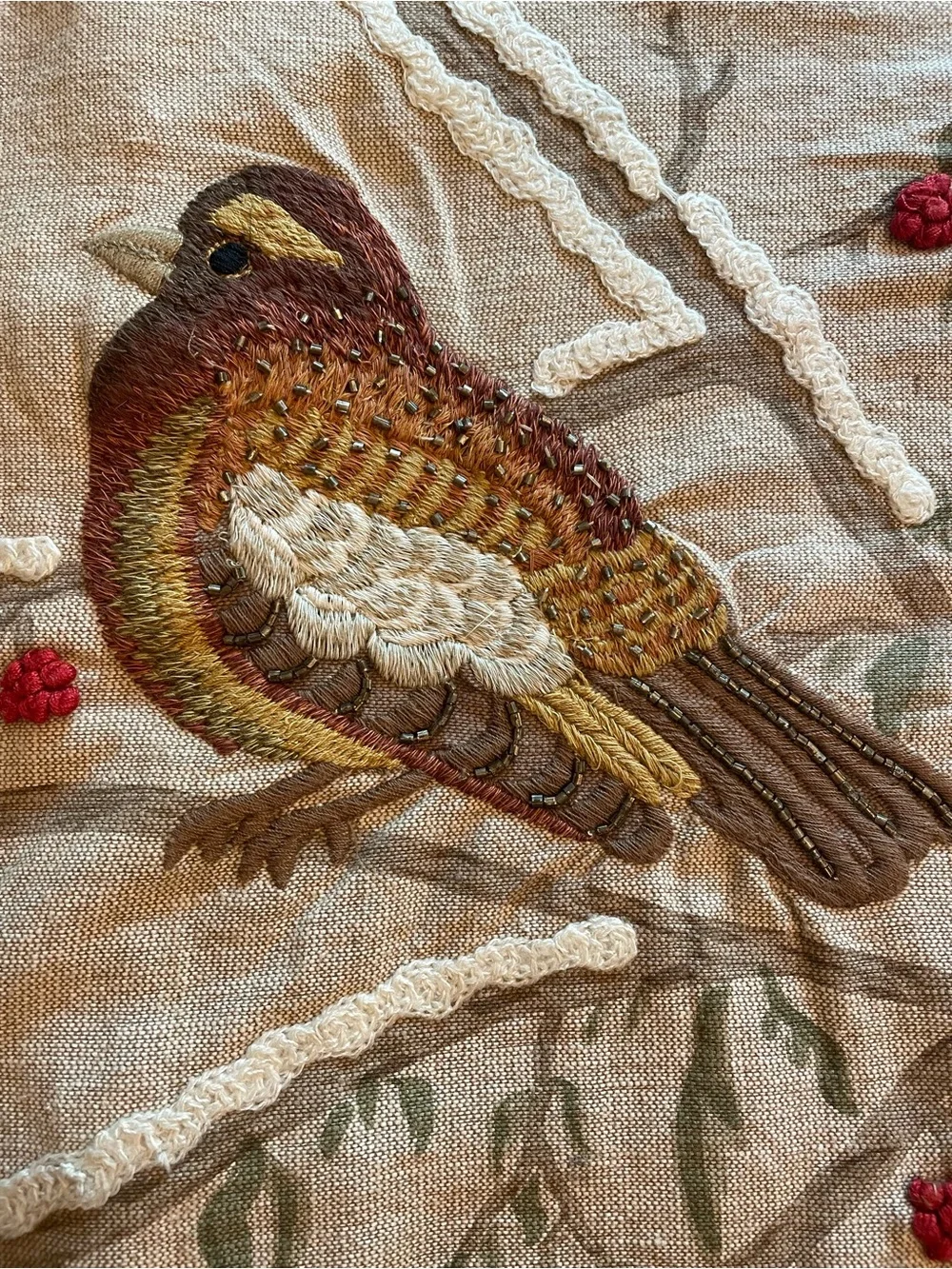 Pottery Barn Embroidered Winter Birds on Branch Cotton Pillow Cover 24” x 24”